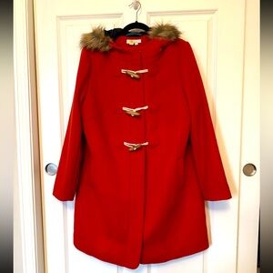 Boden Red Brontë Duffel Coat with Faux Fur Hood